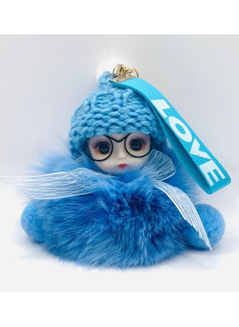 ايرس سلسلة مفاتيح فاخرة من فرو الثعلب الحقيقي - دمية لطيفة ذات عيون كبيرة للنساء، إكسسوار حقيبة فاخر، حلقة مفاتيح، هدية أنيقة للأطفال والكبار (أزرق) - Image 1