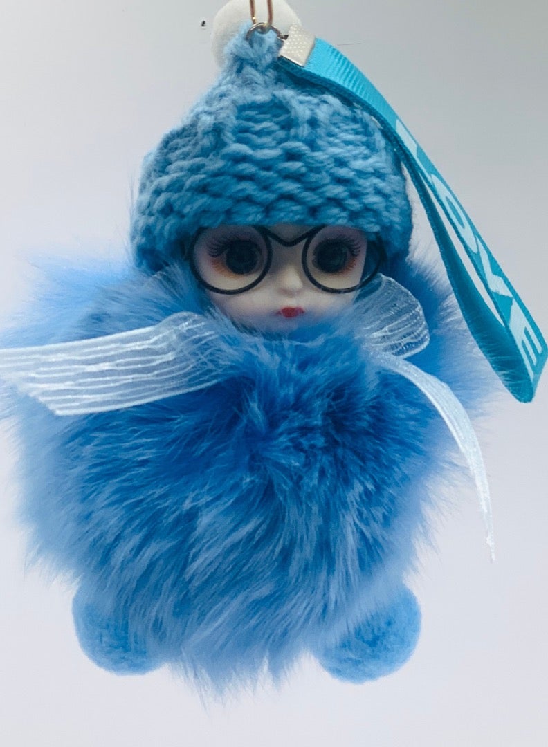 ايرس سلسلة مفاتيح فاخرة من فرو الثعلب الحقيقي - دمية لطيفة ذات عيون كبيرة للنساء، إكسسوار حقيبة فاخر، حلقة مفاتيح، هدية أنيقة للأطفال والكبار (أزرق) - Image 2