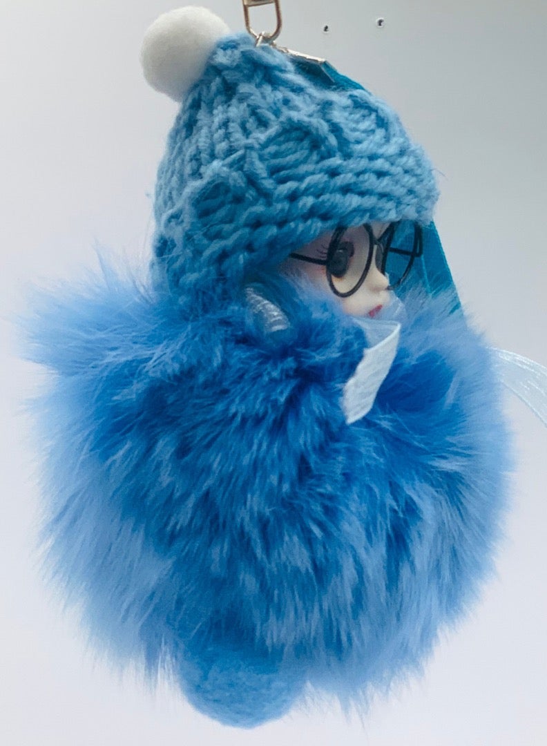 ايرس سلسلة مفاتيح فاخرة من فرو الثعلب الحقيقي - دمية لطيفة ذات عيون كبيرة للنساء، إكسسوار حقيبة فاخر، حلقة مفاتيح، هدية أنيقة للأطفال والكبار (أزرق) - Image 3