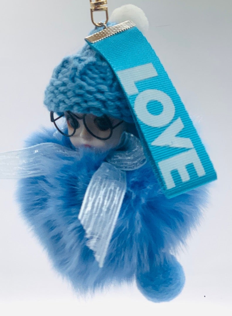 ايرس سلسلة مفاتيح فاخرة من فرو الثعلب الحقيقي - دمية لطيفة ذات عيون كبيرة للنساء، إكسسوار حقيبة فاخر، حلقة مفاتيح، هدية أنيقة للأطفال والكبار (أزرق) - Image 4