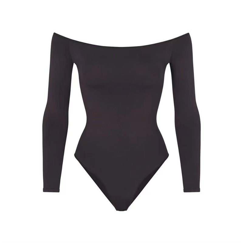 Kardashian same style flat shoulder long sleeve tight shaping jumpsuit off-shoulder sheath bottoming shirt Black (in stock)