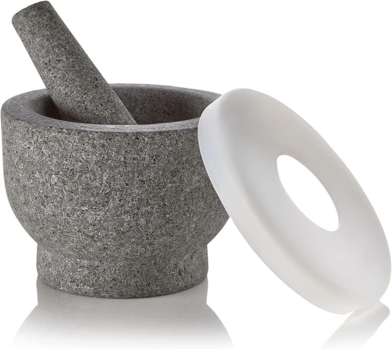 MEDca Granite Pill Crusher Set - Easy Grip Non-Slip Stone Muddler & Deep Bowl with Silicone Lid - Mortar and Pestle Grinder for Pills, Tablets, Vitamins and More