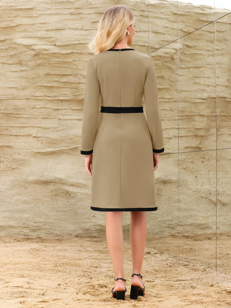 Hobemty Women's Work A-Line Dress Long Sleeve Contrast Color Dresses X-Large Khaki - Image 5