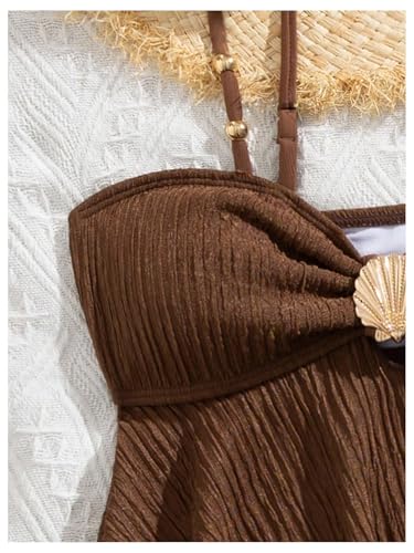 OYOANGLE Girl's Two Piece Metallic Shell Bikini Sets Cut Out Ruffle Top High Waist Hipster Swimsuit Brown 12Y - Image 2