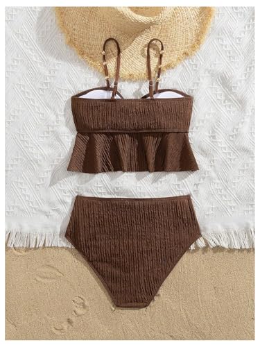 OYOANGLE Girl's Two Piece Metallic Shell Bikini Sets Cut Out Ruffle Top High Waist Hipster Swimsuit Brown 12Y - Image 3