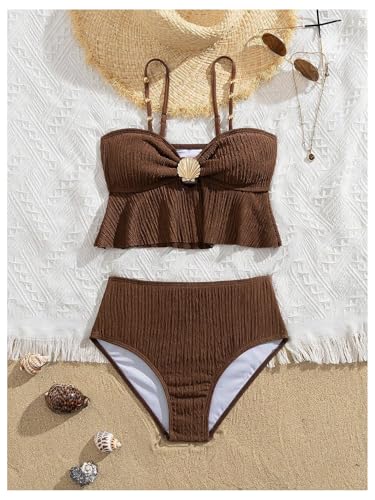OYOANGLE Girl's Two Piece Metallic Shell Bikini Sets Cut Out Ruffle Top High Waist Hipster Swimsuit Brown 12Y - Image 5