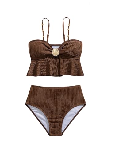 OYOANGLE Girl's Two Piece Metallic Shell Bikini Sets Cut Out Ruffle Top High Waist Hipster Swimsuit Brown 12Y - Image 1