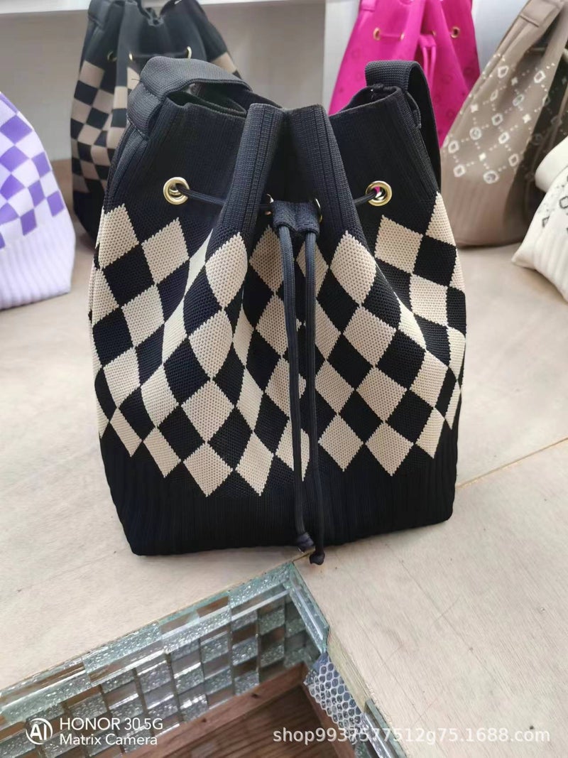 04 New Girly Drawstring Stripesd Knitted Satchel Shoulder Bag Versatile Fashion Stylish Rest Trendyy Bag Diagonal - Image 1