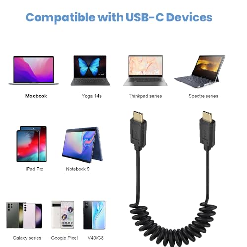 Kework 6 Feet 3A & 10Gbps USB 3.1 Type C Coiled Cable, Straight Male to UP & Down Angle Male USB C Sync Charging & Data Transferring High Speed Spring Spiral Cord, 4K@60hz AV Monitor Cable - Image 5