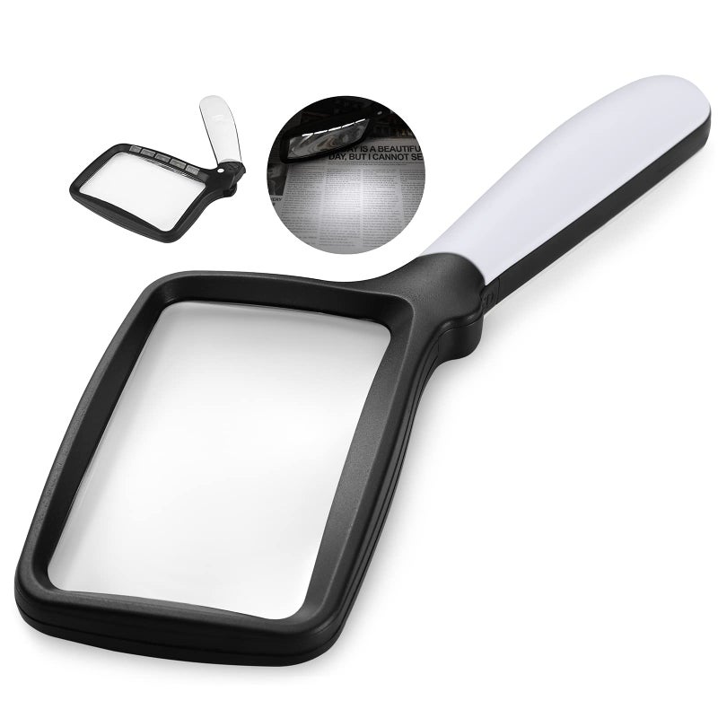 YUGYUJ Magnifying Glass with Light, Folding Handheld 3X Large Rectangle Lighted Magnifier with Dimmable LED for Macular Degeneration Seniors Reading Newspaper, Books, Lighted Gift for Low Visions - Image 1