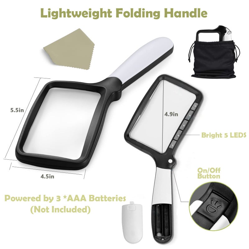 YUGYUJ Magnifying Glass with Light, Folding Handheld 3X Large Rectangle Lighted Magnifier with Dimmable LED for Macular Degeneration Seniors Reading Newspaper, Books, Lighted Gift for Low Visions - Image 5