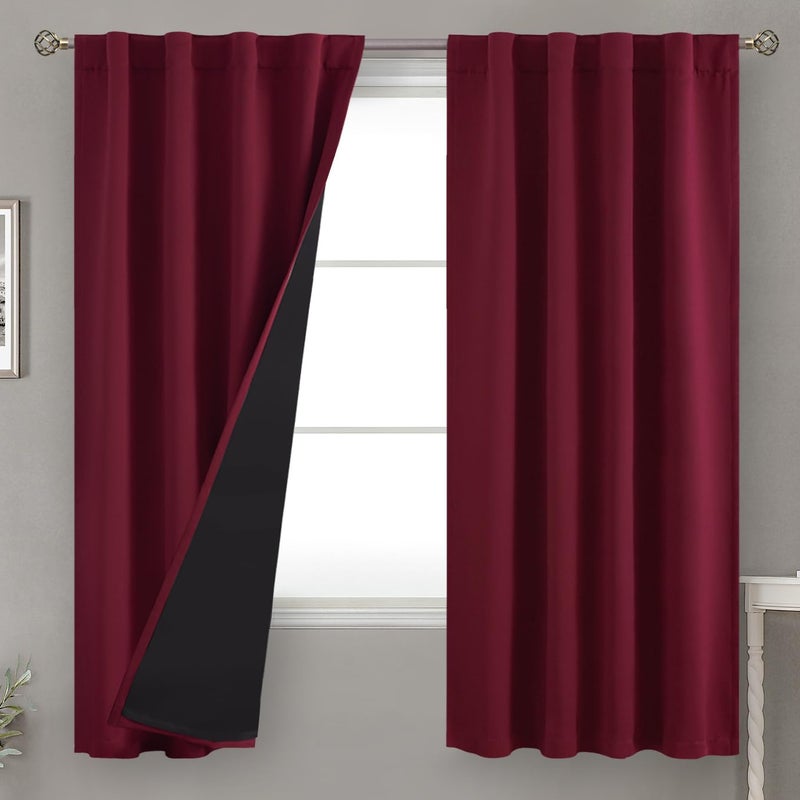 BGment بئسة بورغوندي الأحمر 100 ٪ الستائر اللقطات 63 بوصة مع جيب قضيب البطانة المعزول الحراري وعلامة التبويب الظهر طبقة مزدوجة الستار النافذة الداكنة لغرفة النوم 2 لوحات كل 38 × 63 بوصة - Image 1