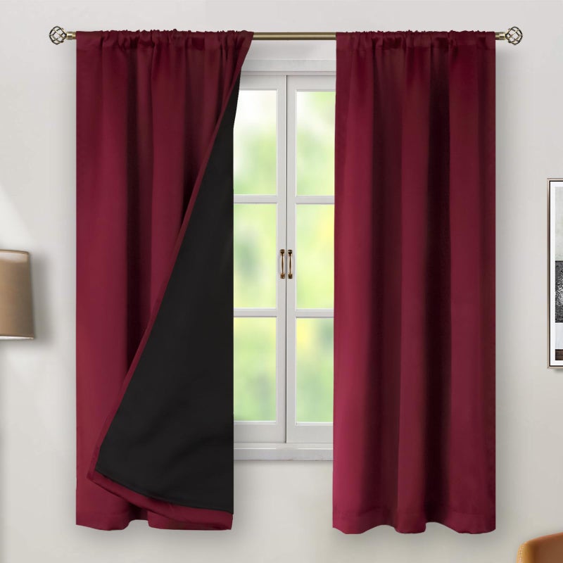BGment بئسة بورغوندي الأحمر 100 ٪ الستائر اللقطات 63 بوصة مع جيب قضيب البطانة المعزول الحراري وعلامة التبويب الظهر طبقة مزدوجة الستار النافذة الداكنة لغرفة النوم 2 لوحات كل 38 × 63 بوصة - Image 2