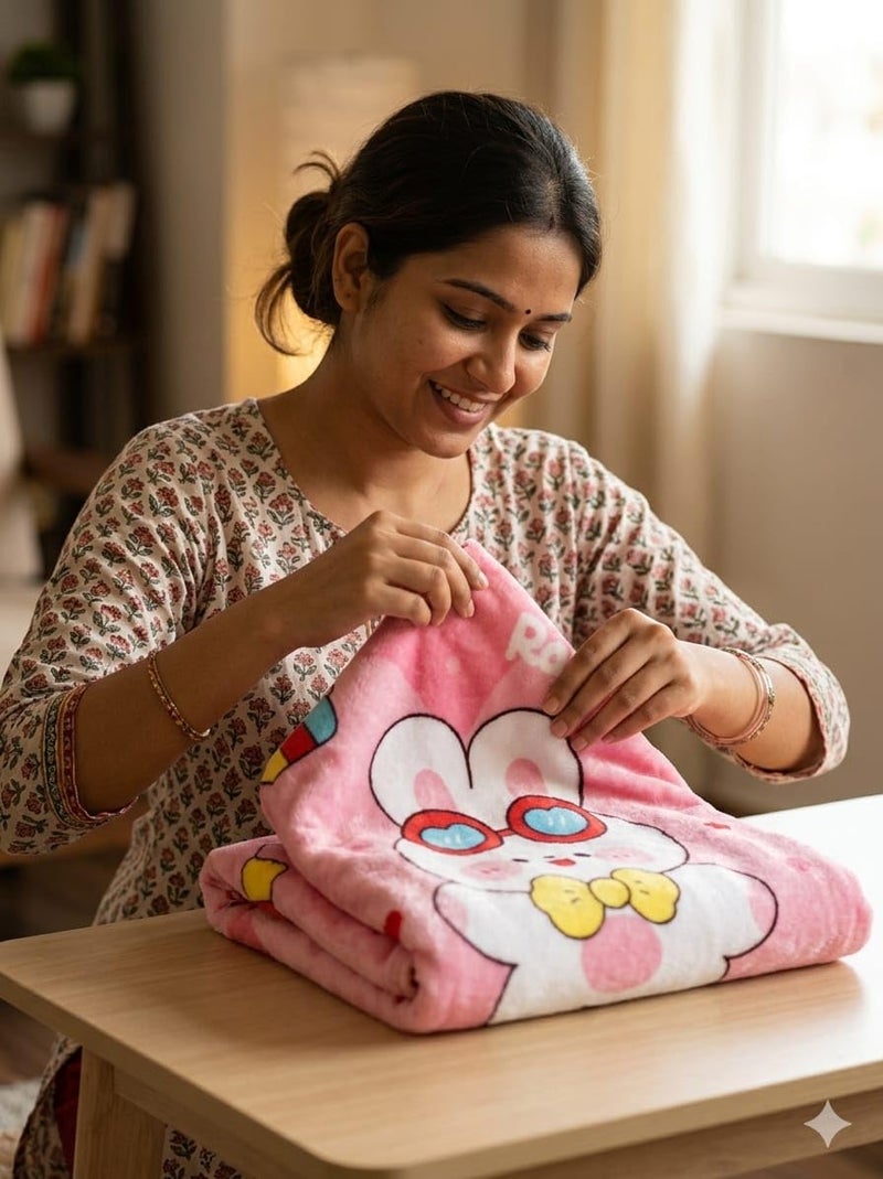 Butterthief Light Weight Cartoon Printed Blanket 100 x140 cm, 0-5 Years Soft Flannel for All Seasons Reversible Baby Blanket for Kids Toddlers New Born Boys & Girls (Pink Rabbit) - Image 4
