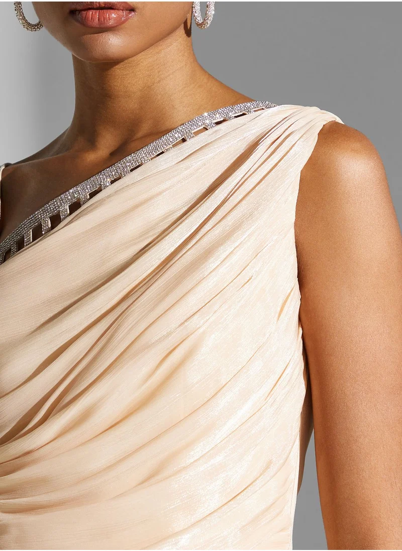 Namshi X Zena Louay Zena Louay Shimmer Strap Detail Ruched Dress With Slit