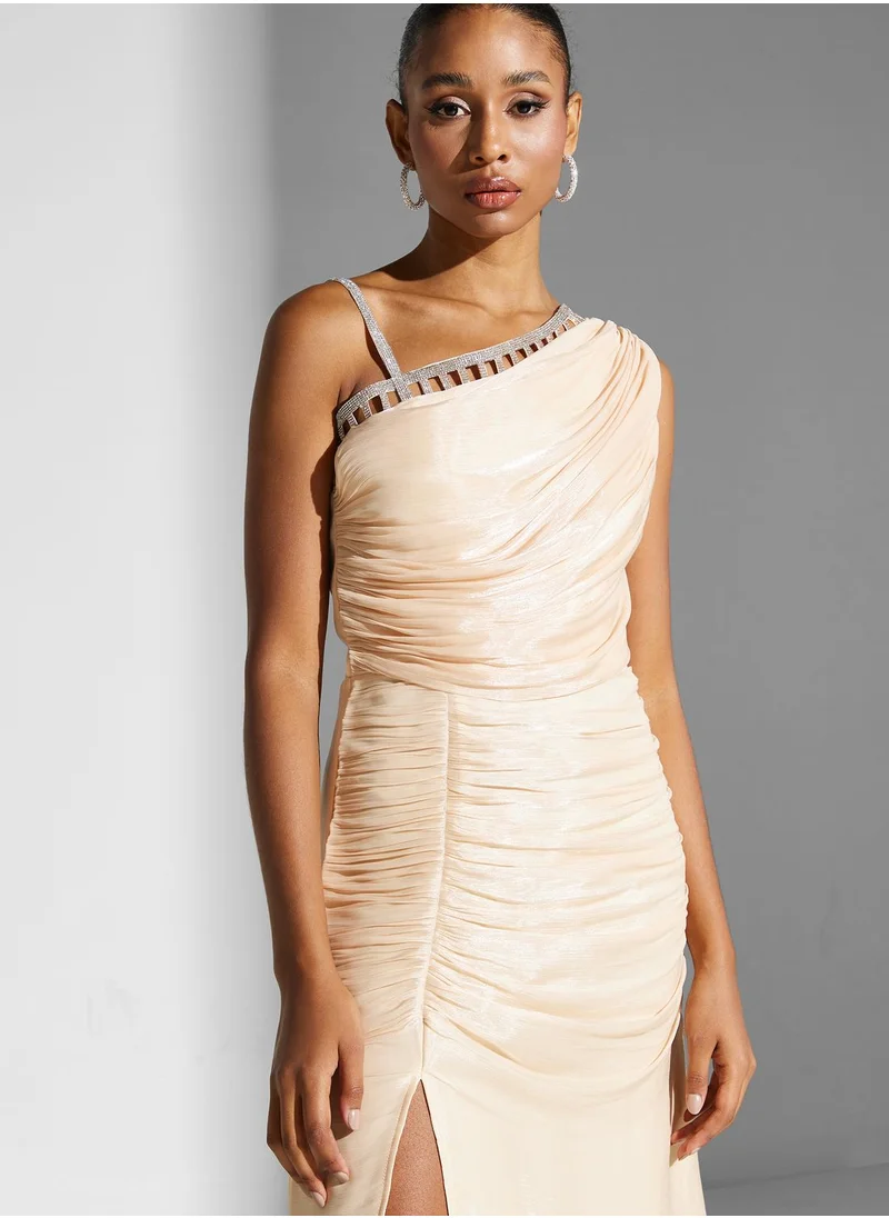 Namshi X Zena Louay Zena Louay Shimmer Strap Detail Ruched Dress With Slit
