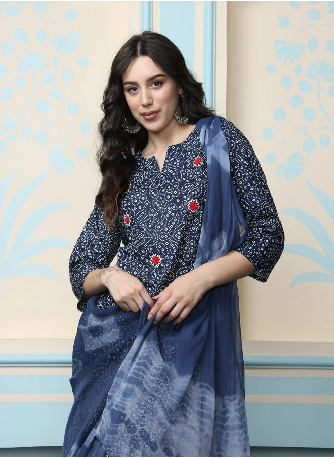 آي شين Straight Fit Printed Pattern Round Neck Three-Quarter Sleeves NAVY BLUE Colour Woven Cotton Kurta Set for Women with Semi Elastic Closure - Blending Tradition with Modern Style