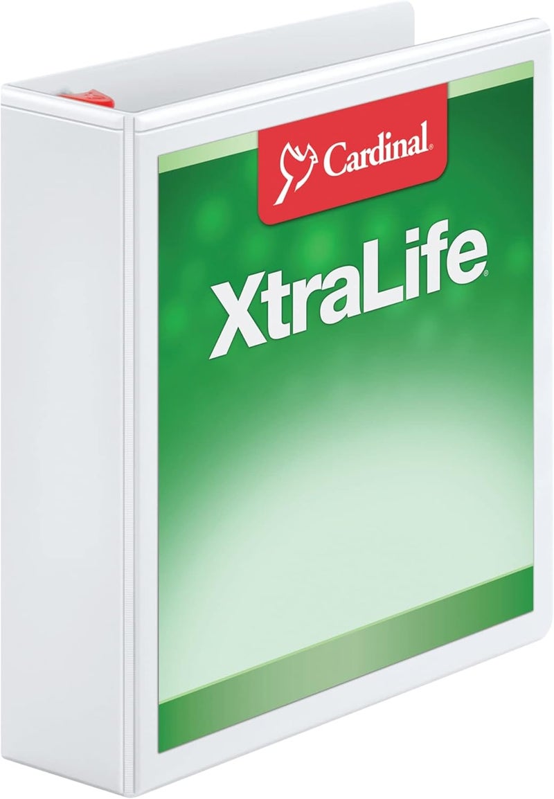 Cardinal 3 Ring Binder, 2 Inch Heavy Duty XtraLife Binder, Locking Slant-D Rings, Crack-Resistant Cover & Spine, ClearVue Covers, Holds 540 Sheets, PVC-Free, White (26320) - Image 1