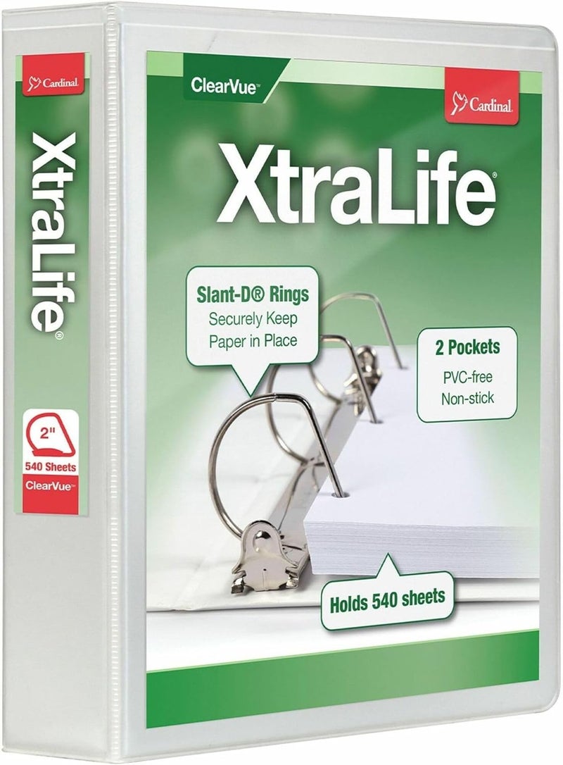 Cardinal 3 Ring Binder, 2 Inch Heavy Duty XtraLife Binder, Locking Slant-D Rings, Crack-Resistant Cover & Spine, ClearVue Covers, Holds 540 Sheets, PVC-Free, White (26320) - Image 4