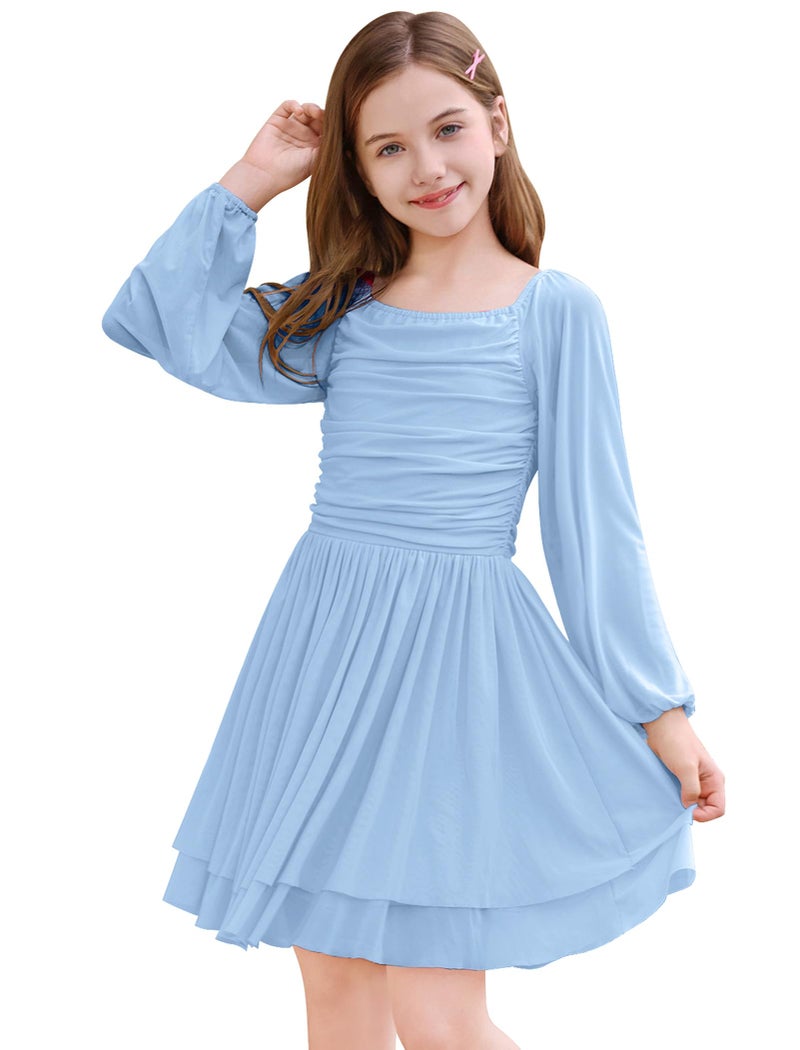 ODIZLI Kids Girls Mesh Long Sleeve Ruched Double Layered Ruffle A Line Party Dress Square Neck Fall Casual Tween Dresses, Blue, 13-14 Years - Image 1