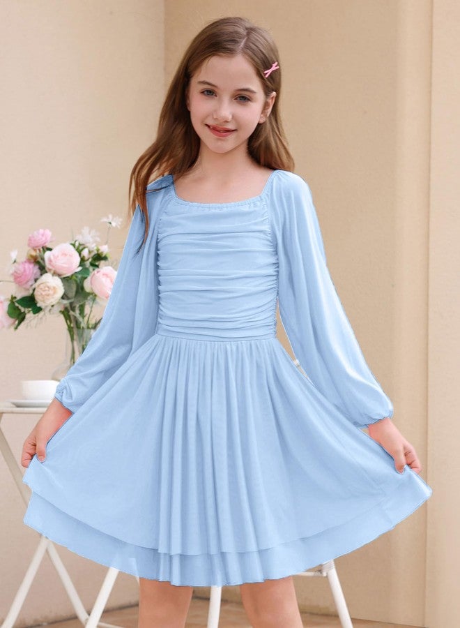ODIZLI Kids Girls Mesh Long Sleeve Ruched Double Layered Ruffle A Line Party Dress Square Neck Fall Casual Tween Dresses, Blue, 13-14 Years - Image 2