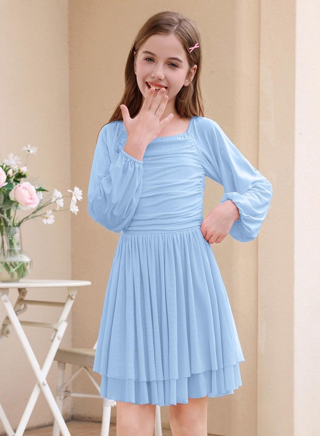 ODIZLI Kids Girls Mesh Long Sleeve Ruched Double Layered Ruffle A Line Party Dress Square Neck Fall Casual Tween Dresses, Blue, 13-14 Years - Image 3