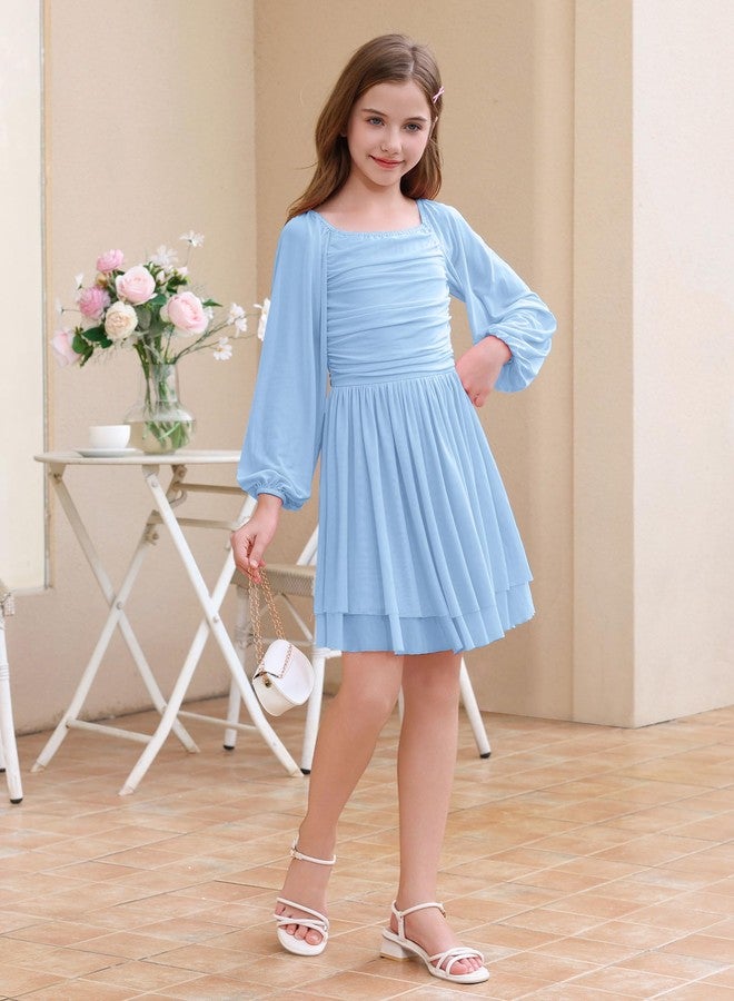 ODIZLI Kids Girls Mesh Long Sleeve Ruched Double Layered Ruffle A Line Party Dress Square Neck Fall Casual Tween Dresses, Blue, 13-14 Years - Image 4
