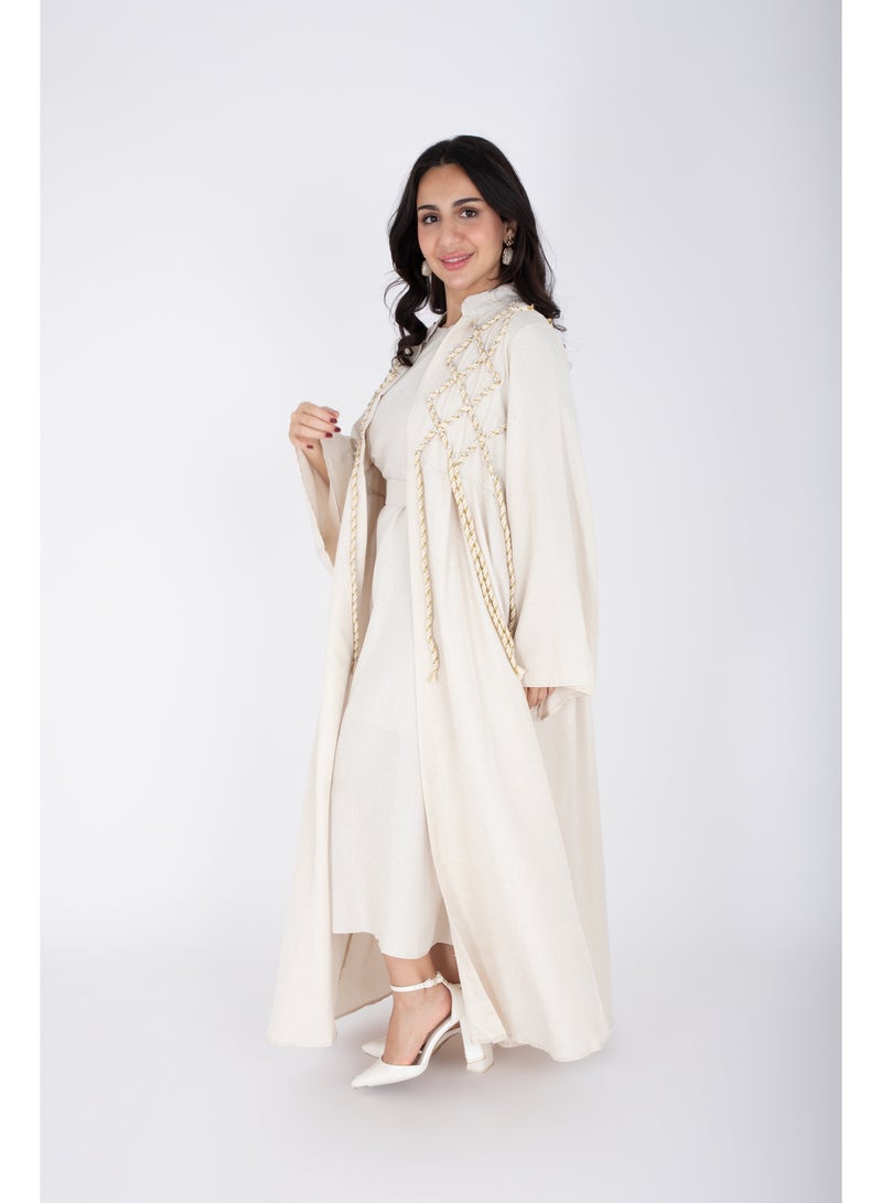 اكسا جلابية فاخرة قطعتين بتصميم حبل كتان بيج - Image 3