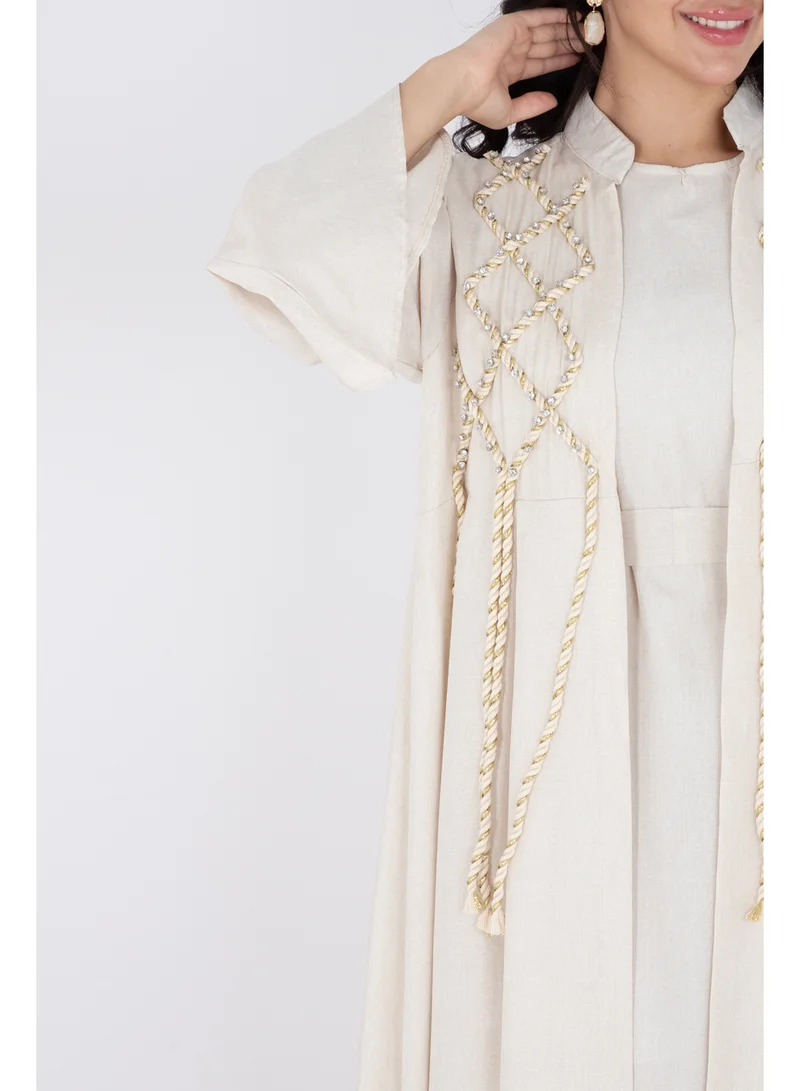 IKKXA 2 Piece Luxury Linen Rope Design Jalabiya IK6021 Beige