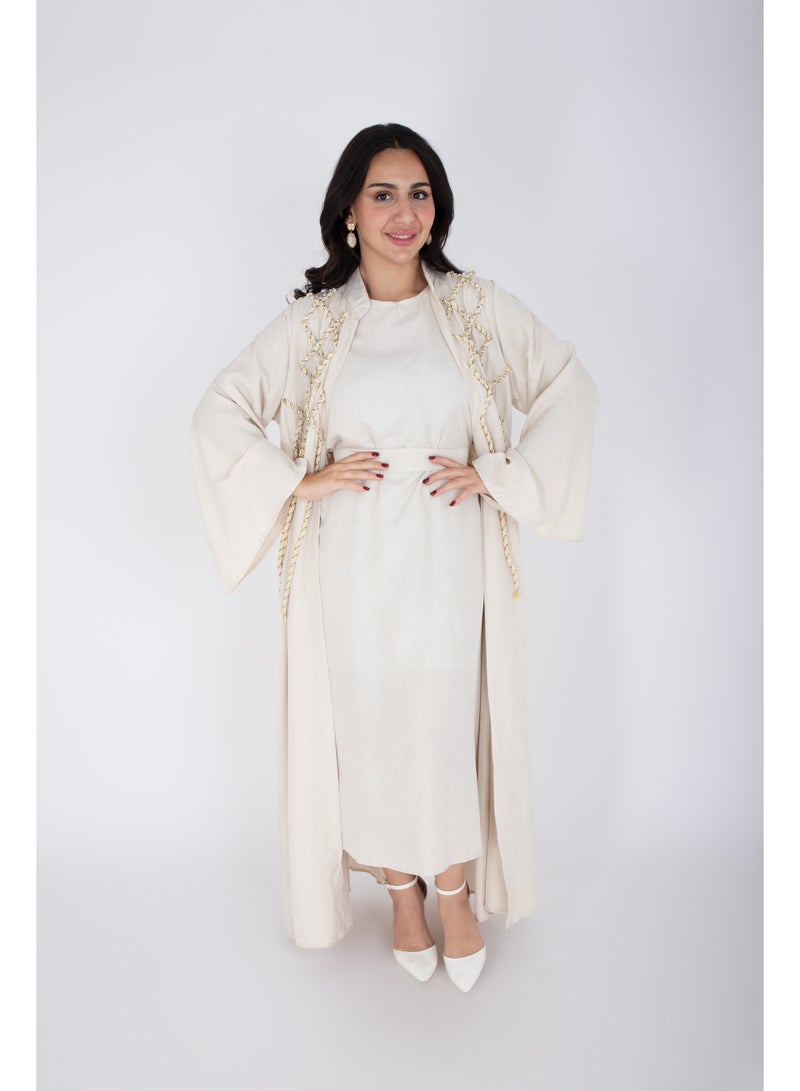 اكسا جلابية فاخرة قطعتين بتصميم حبل كتان بيج - Image 5