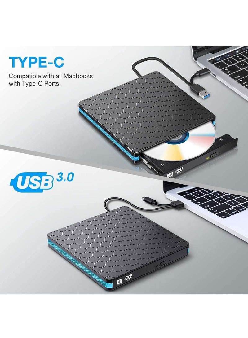 وامبوري محرك أقراص خارجي CD DVD، محرك أقراص DVD محمول WAMBORY مع USB 3.0 وType-C لأجهزة الكمبيوتر المحمولة، المكتبية، ماك، ماك بوك، ويندوز 10/8/7/XP ولينكس - Image 2