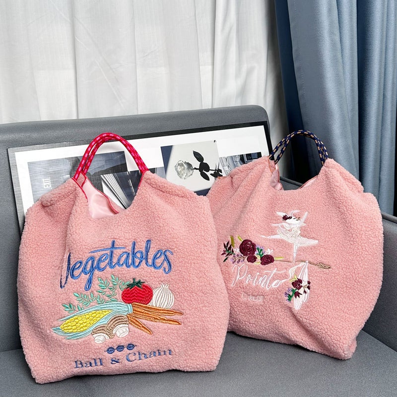 2024 Winter Ball Chain Japanese Embroidery Plush Green Shopping Bag Simple Commuter All-Match Shoulder Bag Fashion - Image 3
