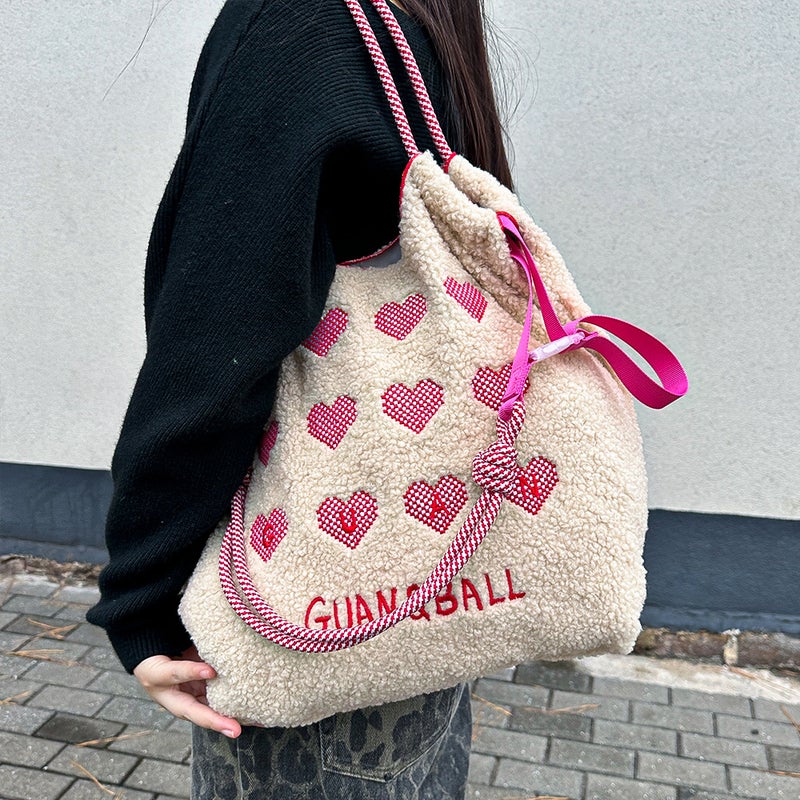 2024 Winter Ball Chain Japanese Embroidery Plush Green Shopping Bag Simple Commuter All-Match Shoulder Bag Fashion - Image 1
