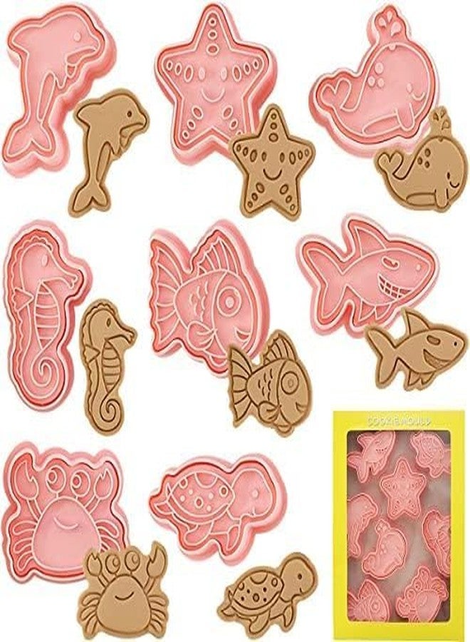 LEGACYCART 8pcs Marine Animal Theme Shaped Cookie Cutter Set, 3D Cookie Cutters for Baking Pink DIY Press Cookie Stamps Molds for Kids for DIY Baking (Pack of 1) - Image 1