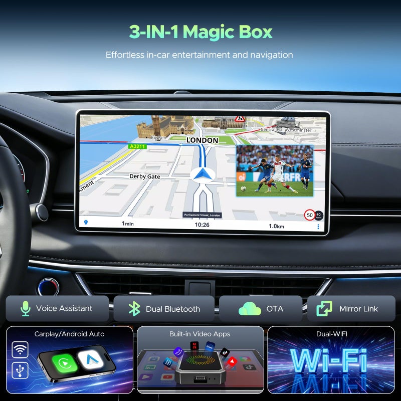LAMTTO 3-in-1 Wireless Carplay Android Auto Adapter Built-in Net-Flix YouTube Tiktok Apps Magic AI Box Video Player with Dual-Band WiFi USB Drive for OEM Wired Car Play Cars - Image 2