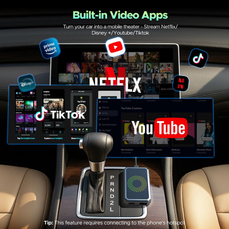 LAMTTO 3-in-1 Wireless Carplay Android Auto Adapter Built-in Net-Flix YouTube Tiktok Apps Magic AI Box Video Player with Dual-Band WiFi USB Drive for OEM Wired Car Play Cars - Image 3