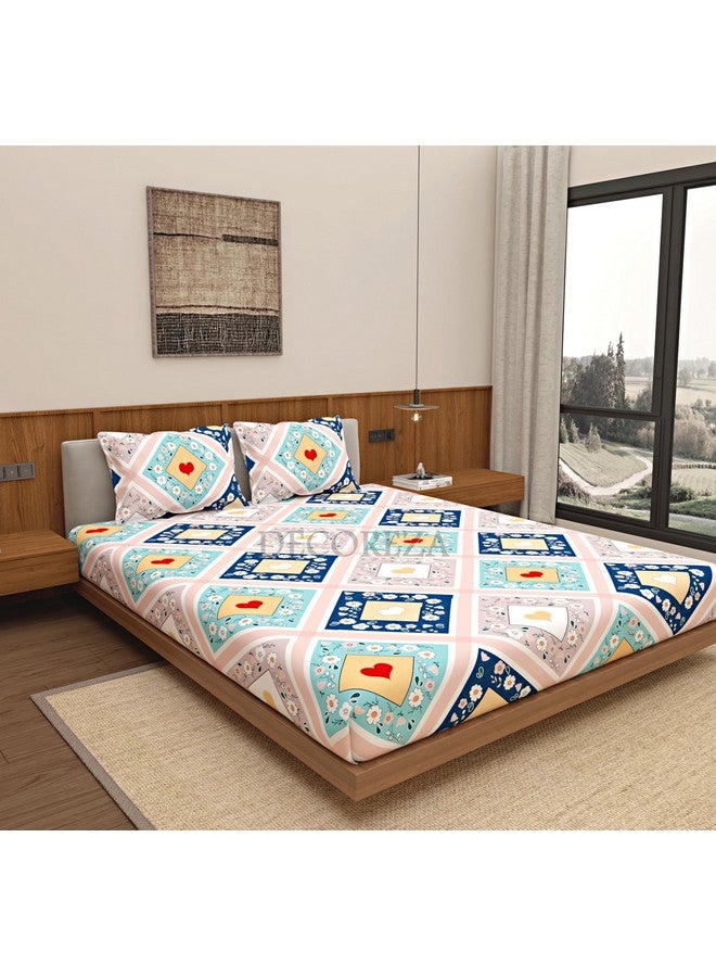 DECOREZA 320 TC Cotton Feel Glace Cotton Printed Elastic Fitted King Size Double Bed Bedsheet with 2 Pillow Covers|Fitted Bedsheets King Size 78 x 72 x 10 Inches (Damask Rangoli, Multicolor) - Image 1