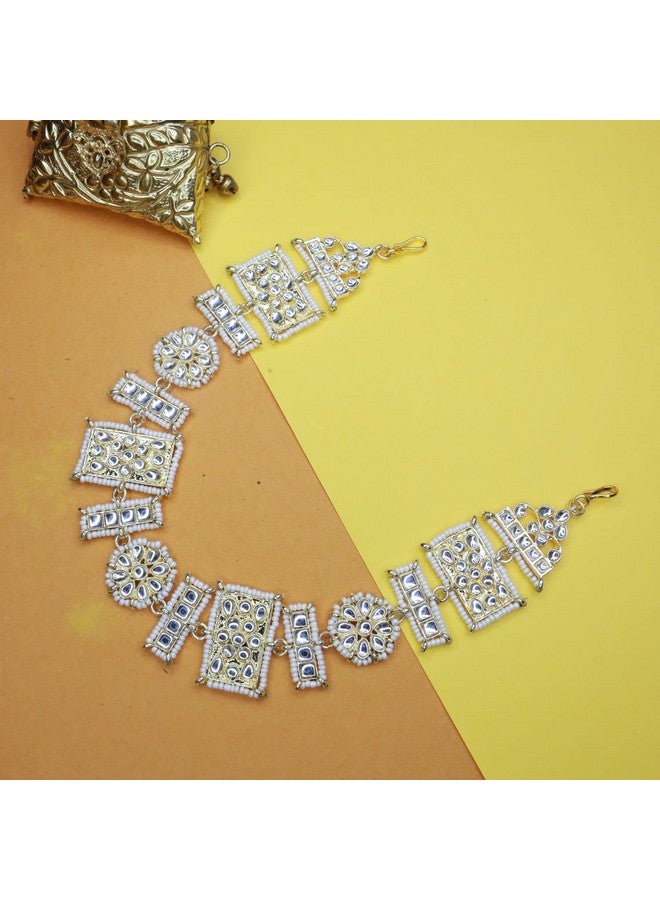 I Jewels Gold Plated Traditional Floral Kundan Pearl Studded Rajasthani Sheeshphool Matha Patti/Sheeshpatti for Women (T2061) (White) - Image 4