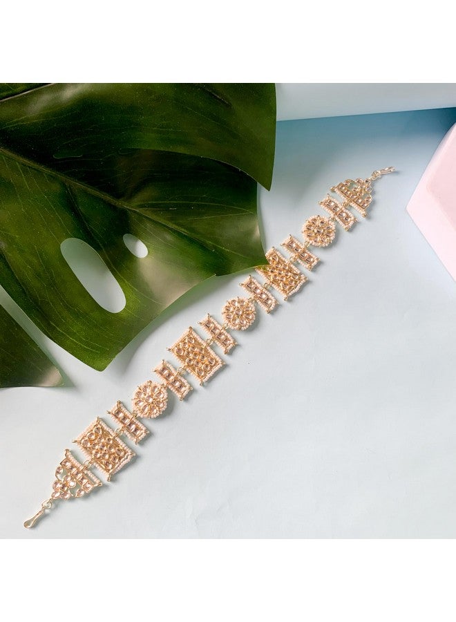 I Jewels Gold Plated Traditional Floral Kundan Pearl Studded Rajasthani Sheeshphool Matha Patti/Sheeshpatti for Women (T2061) (White) - Image 2