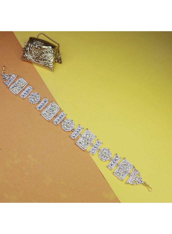 I Jewels Gold Plated Traditional Floral Kundan Pearl Studded Rajasthani Sheeshphool Matha Patti/Sheeshpatti for Women (T2061) (White) - Image 5