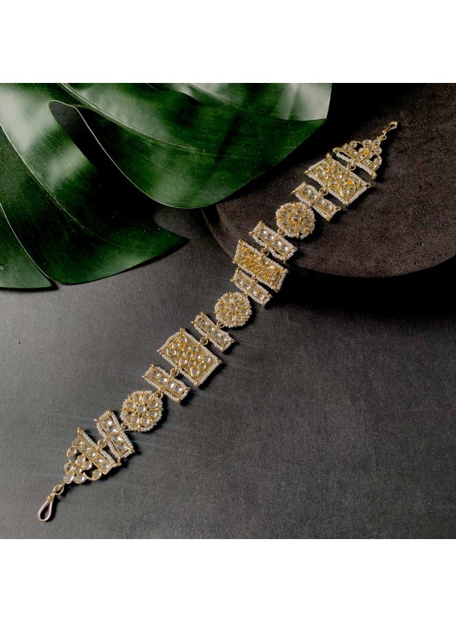 I Jewels Gold Plated Traditional Floral Kundan Pearl Studded Rajasthani Sheeshphool Matha Patti/Sheeshpatti for Women (T2061) (White) - Image 3