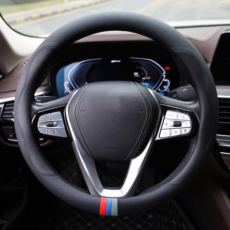 szyuchen غطاء عجلة القيادة لسيارة BMW X3 X5 X7 3 5 Series 328i 528i 535i 530i 540i 320i 325i 330i X1 X2 X4 X6 1 2 4 6 7 8 M2 M3 M4 M5 Series e90 e60 f30 e46، إكسسوارات، جلد أسود - 14 1/2"-15" أحجام مرنة - Image 1