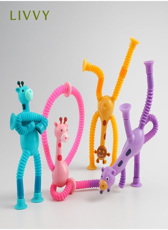 LIVVY LED Telescopic Suction Cup Giraffe Toy, Pop Tube Fidget Toy, Stretchable Sensory Tube, Shape Changing Animal Fidget, Autism Sensory Play, Stress Relief Toys for Kids, Pack of 4 - Image 1