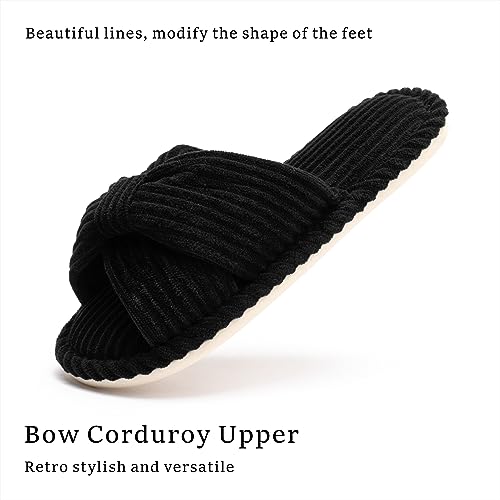 Chantomoo Slippers for Women Memory Foam House Womens Slipper Slides Home Bedroom Bathroom Spa Open Toe Corduroy Bow Slippers Cozy Comfortable Black Size 5.5 6 7 - Image 5