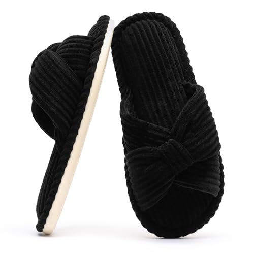 Chantomoo Slippers for Women Memory Foam House Womens Slipper Slides Home Bedroom Bathroom Spa Open Toe Corduroy Bow Slippers Cozy Comfortable Black Size 5.5 6 7 - Image 1