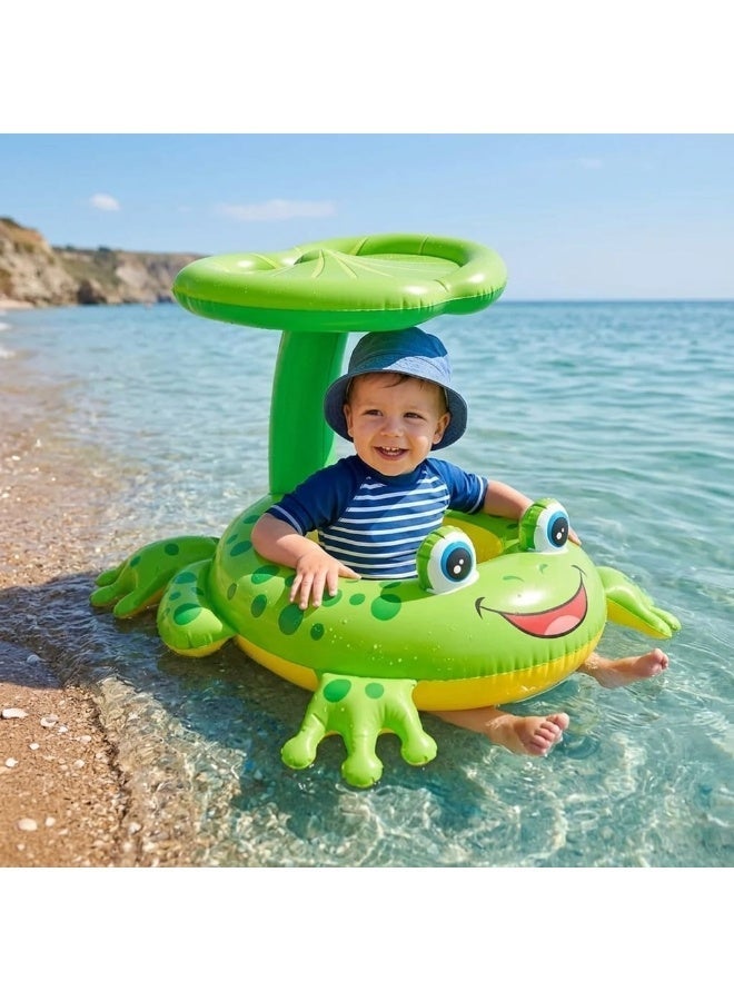 Inflatable Cute Frog Baby Pool Float with Sun Canopy and Comfortable Safety Seat with Leg Holes for Swimming Pool & Beach (Frog) - Image 2