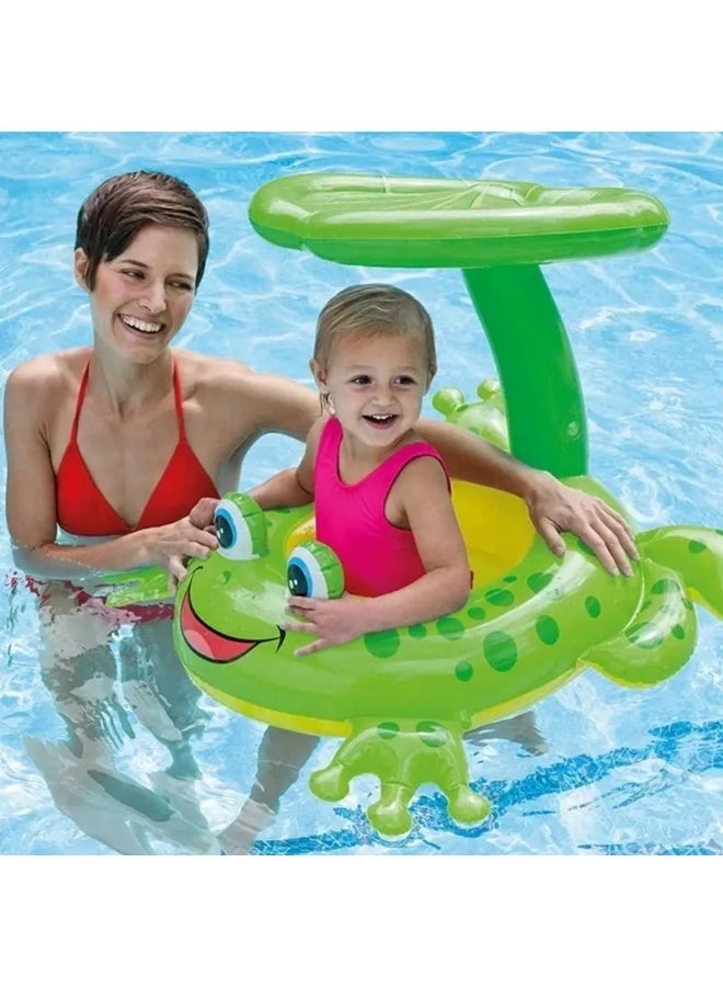 Inflatable Cute Frog Baby Pool Float with Sun Canopy and Comfortable Safety Seat with Leg Holes for Swimming Pool & Beach (Frog) - Image 1