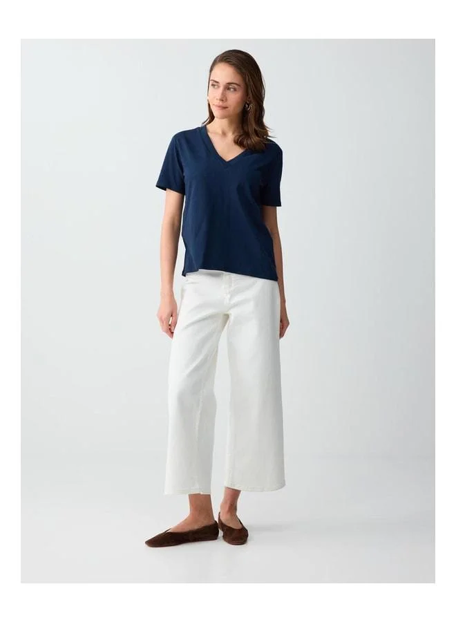Jimmy Key Navy %100 Cotton V-Neck Short Sleeve Basic Knit T‑shirt.