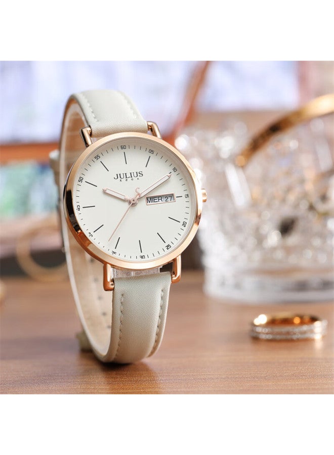 Julius Women's Fashion Student Watch Large Dial Calendar Week Quartz Ladies Watch White Ja-1381a - Image 1