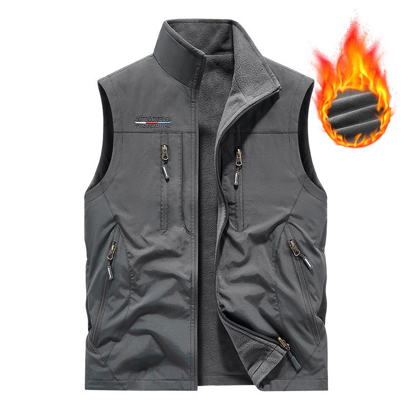 Cross-border manufacturers double-sided waistcoat autumn and winter fleece-lined mens outdoor fleece pocket vest fleece waistcoat Gray plus velvet - Image 1